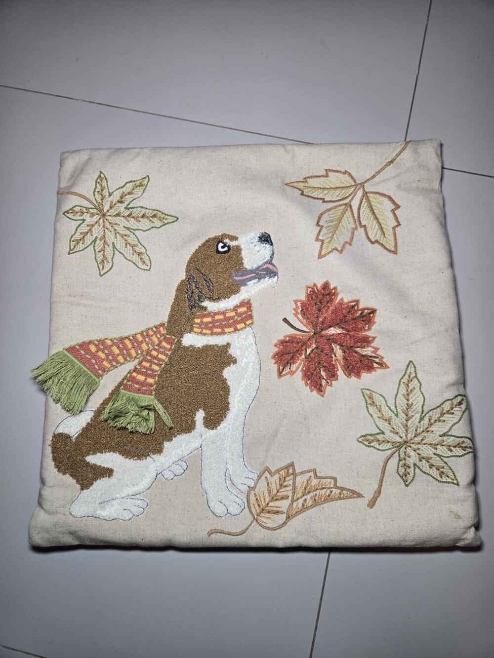 Pier 1 Embroidered Cotton Blend Square Pillow Dog with Scarf Fall Leaves 17x17in